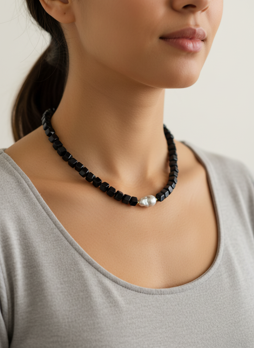 Noir Onyx and Baroque Freshwater pearl necklace