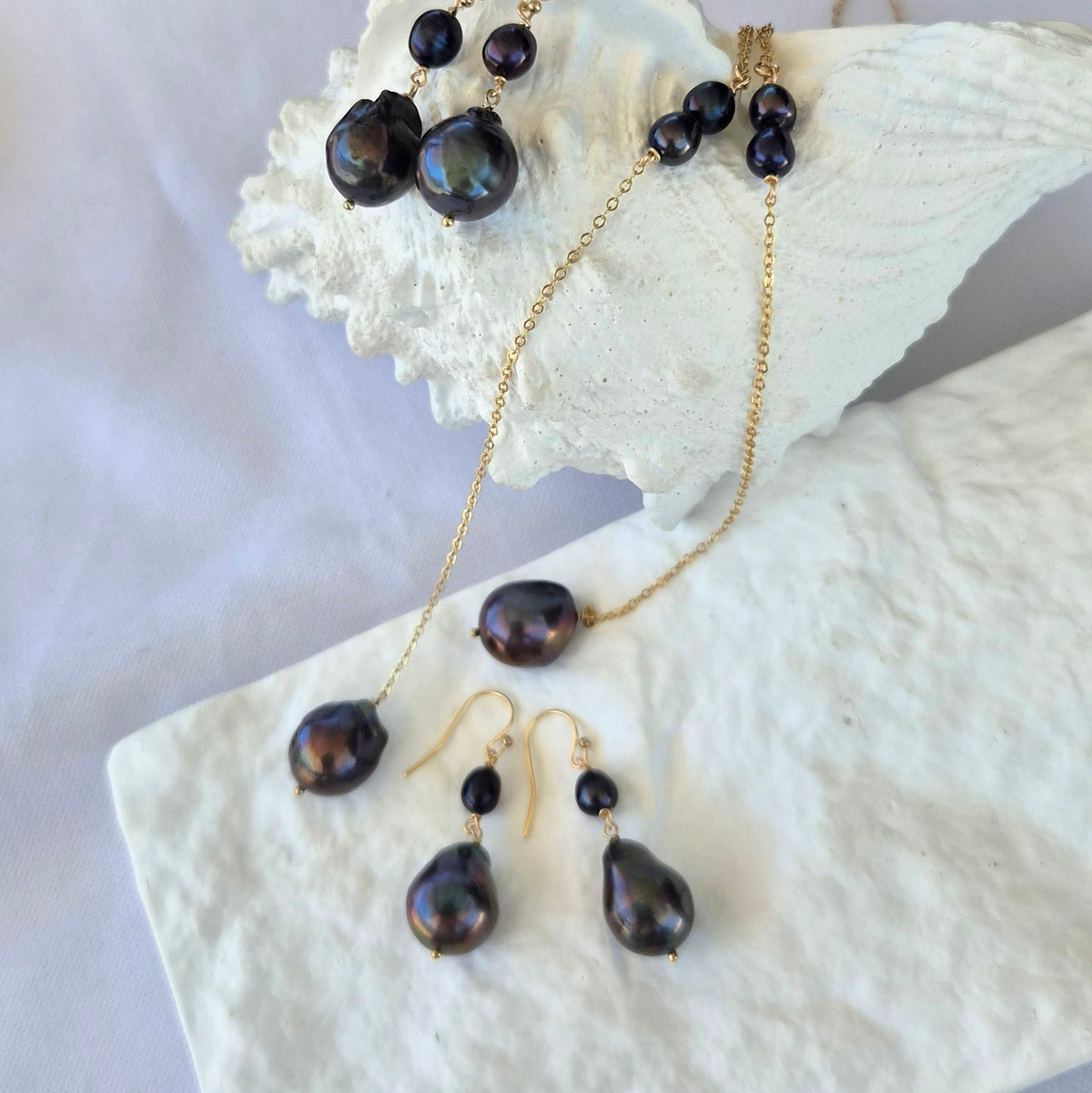 Oahu Grey Freshwater Pearl Earrings and necklace