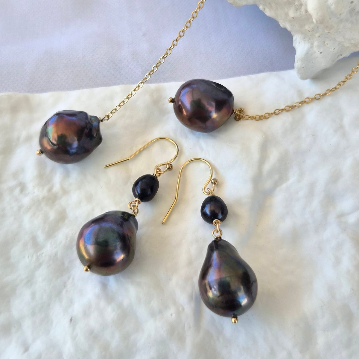Oahu Grey Freshwater Pearl Earrings and necklace