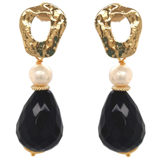 A pair of gold-plated earrings featuring black onyx teardrop shapes and freshwater pearls.