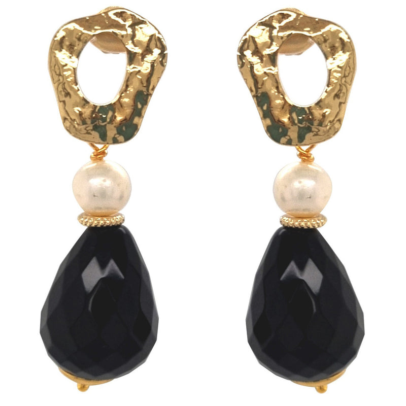 A pair of gold-plated earrings featuring black onyx teardrop shapes and freshwater pearls.