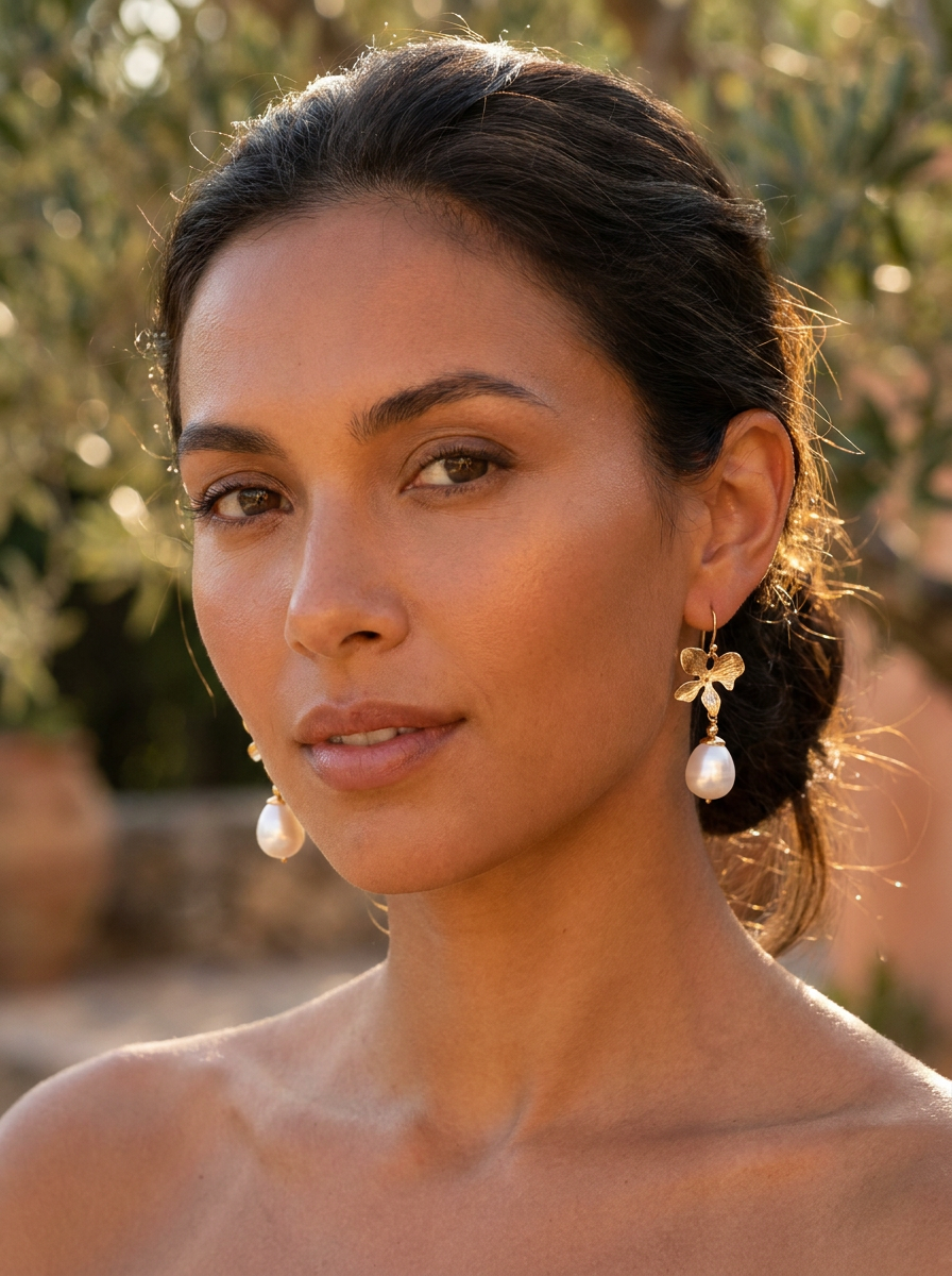 Orchid Flower drop Shell Pearl Gold Earrings