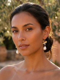 Orchid Flower drop Shell Pearl Gold Earrings