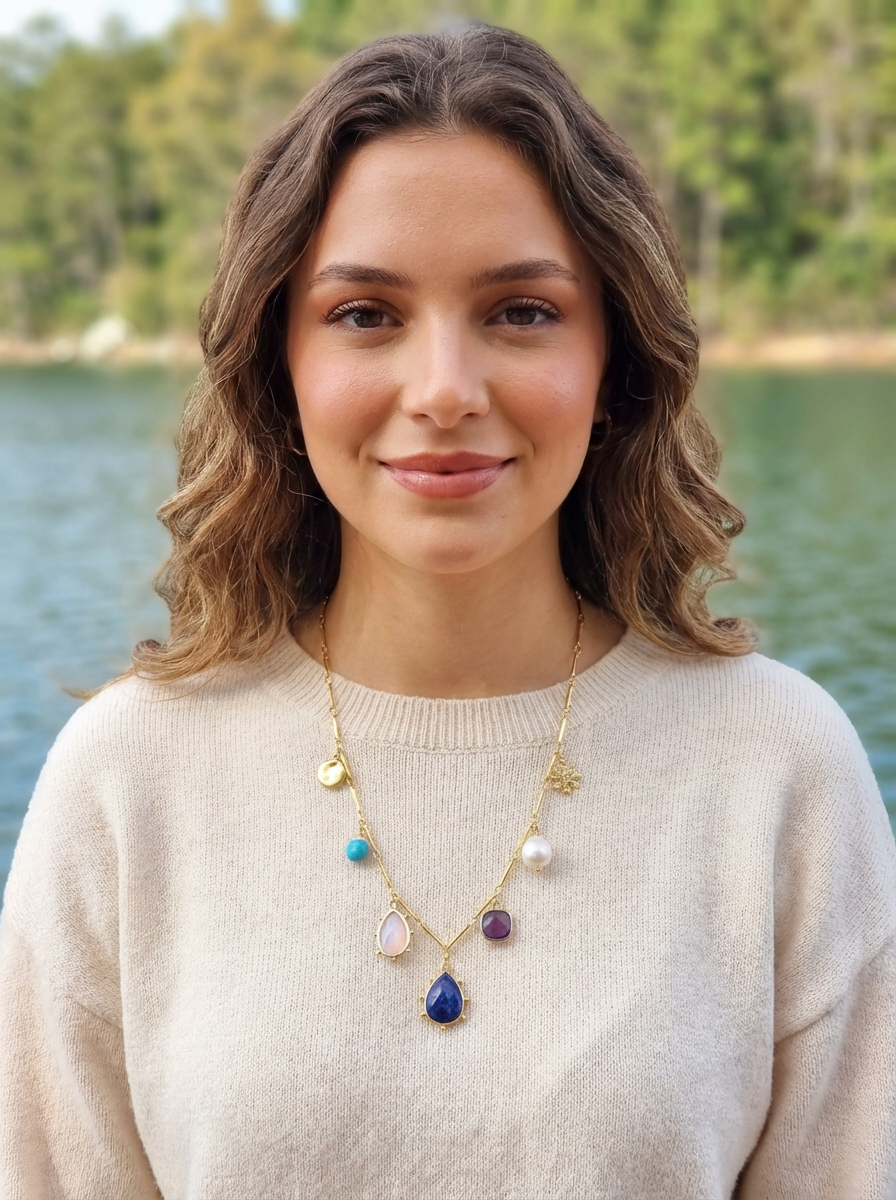 Treasured Charm Lapis Lazuli, Rose Quartz, Amethyst and Pearl Necklace