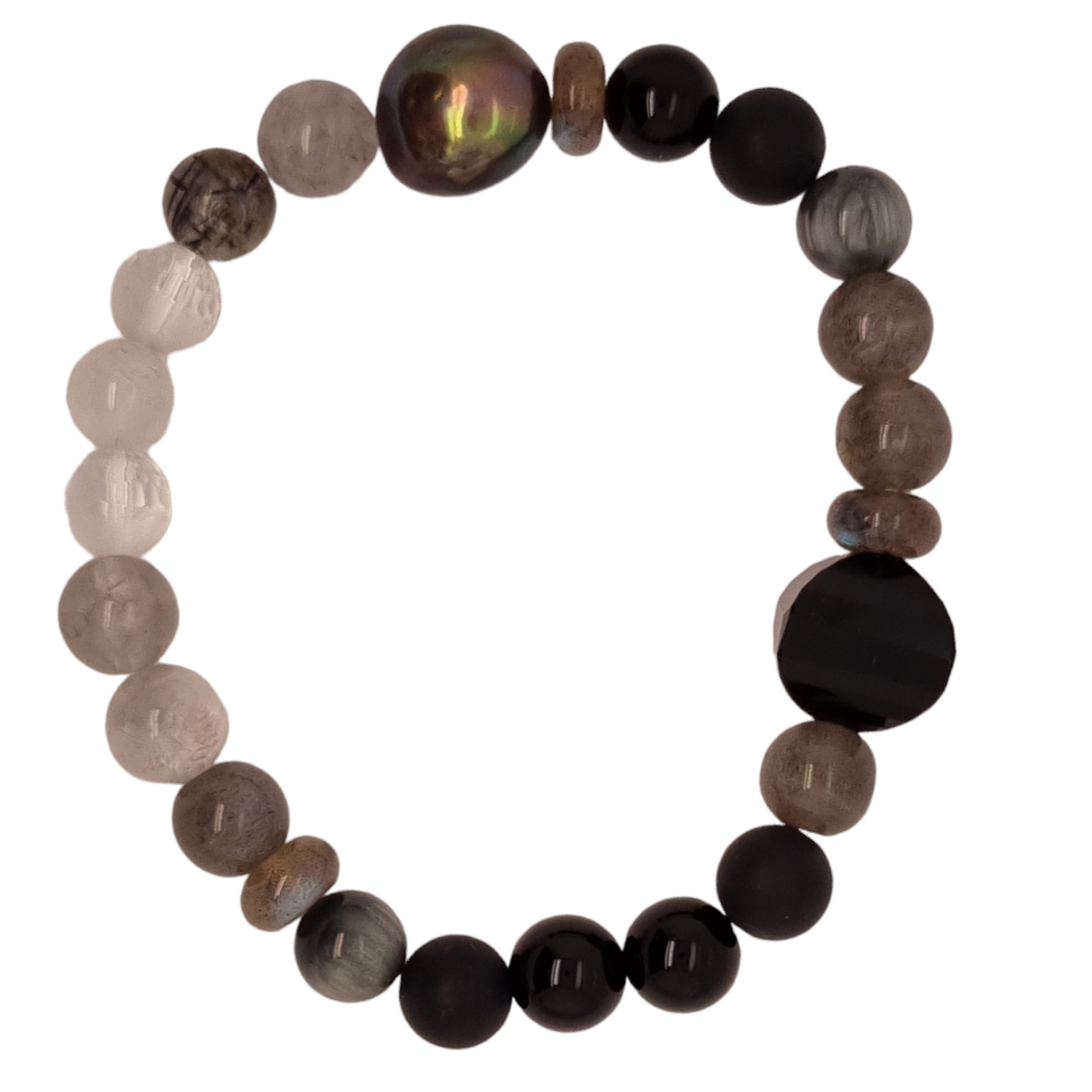 Ebon Onyx, Labradorite, Quartz & Pearl Bracelet