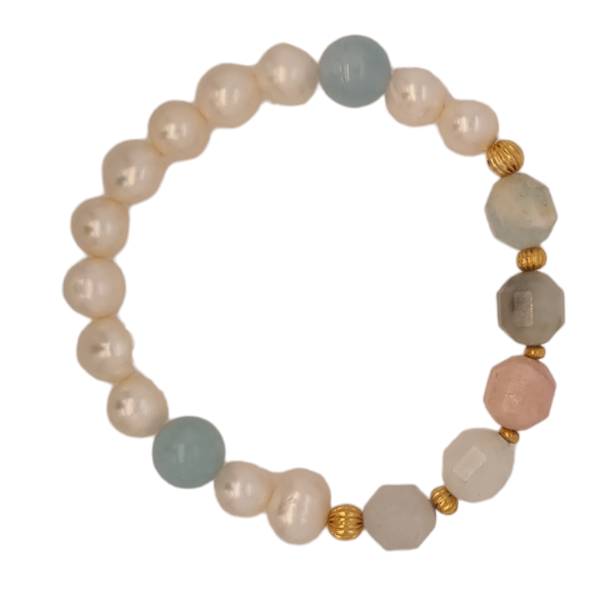 Bea Aquamarine, Rose Quartz, Morganite, Amazonite & Freshwater Pearl bracelets