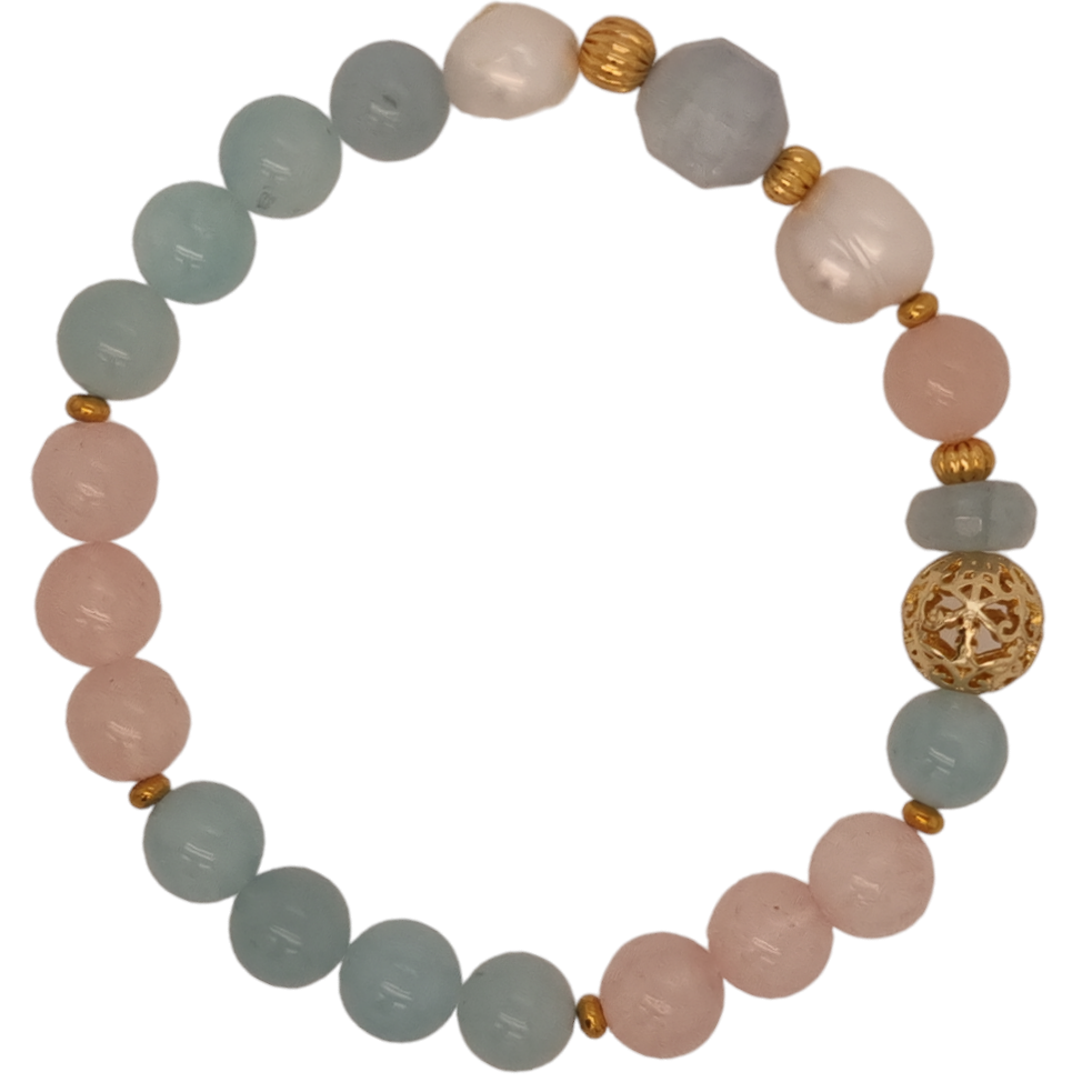 Bea Aquamarine, Rose Quartz, Morganite, Amazonite & Freshwater Pearl bracelets