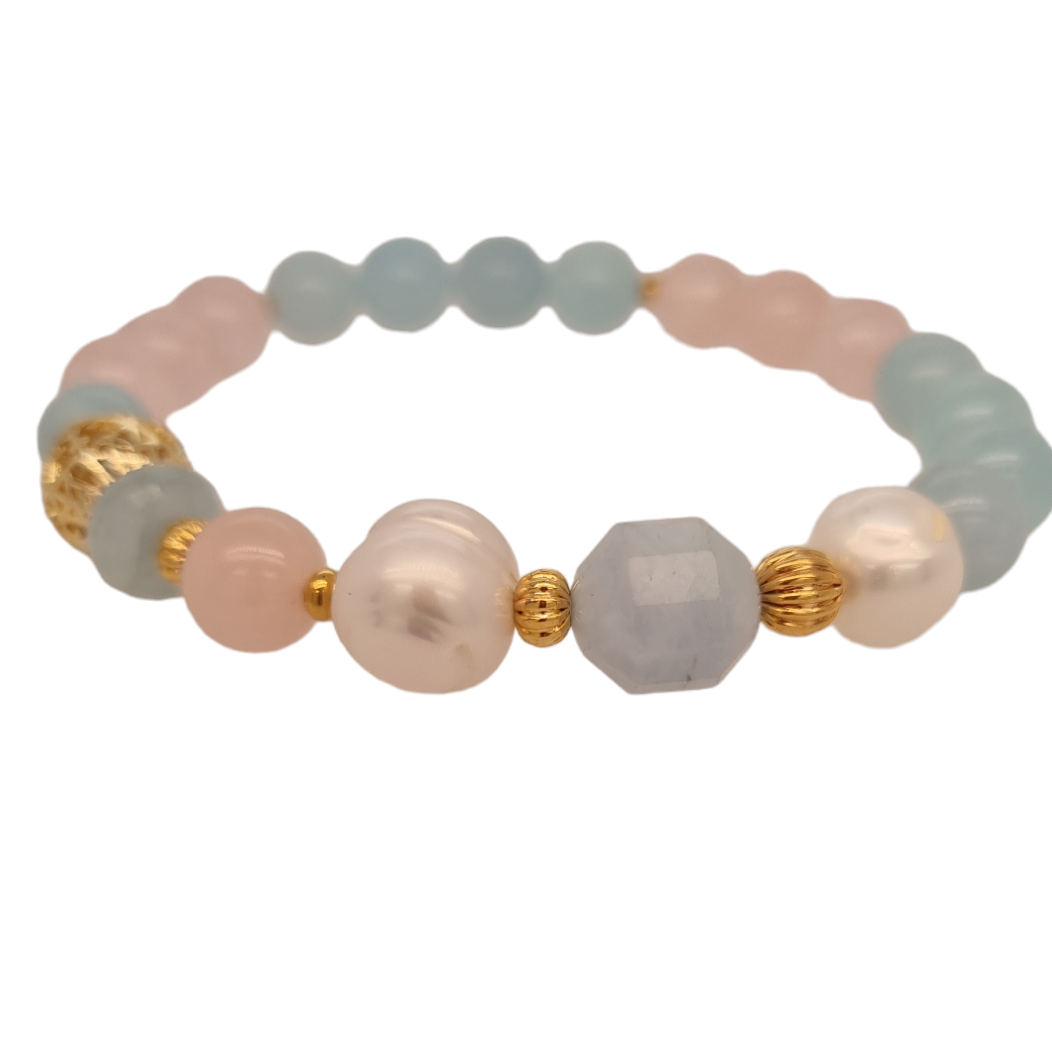 Bea Aquamarine, Rose Quartz, Morganite, Amazonite & Freshwater Pearl bracelets