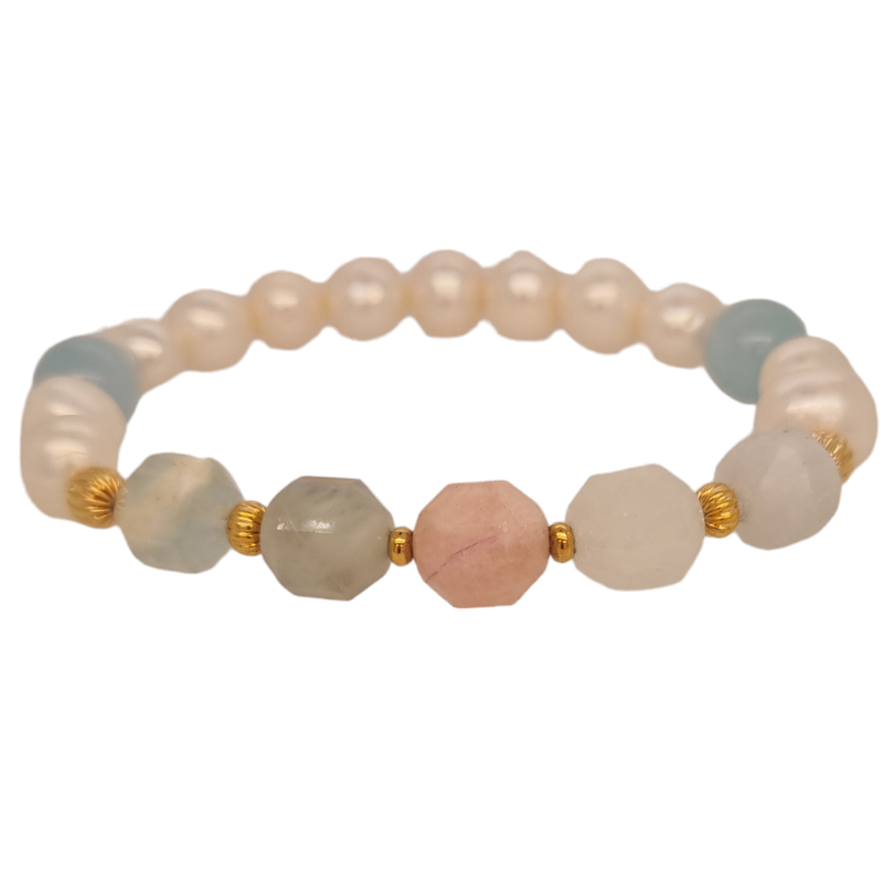 Bea Aquamarine, Rose Quartz, Morganite, Amazonite & Freshwater Pearl bracelets