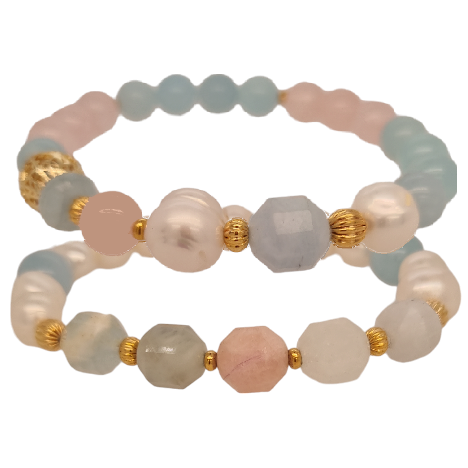 Bea Aquamarine, Rose Quartz, Morganite, Amazonite & Freshwater Pearl bracelets