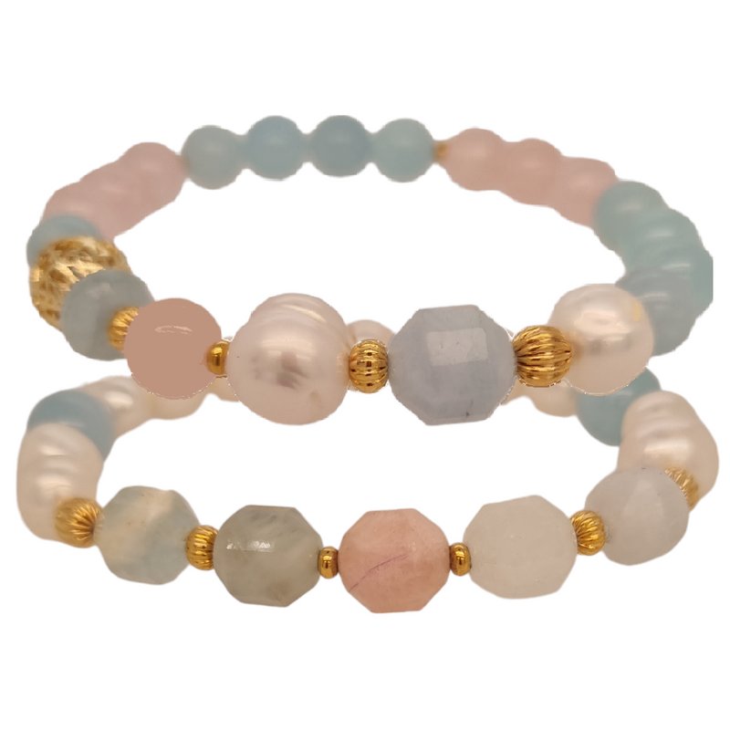 Bea Aquamarine, Rose Quartz, Morganite, Amazonite & Freshwater Pearl bracelets