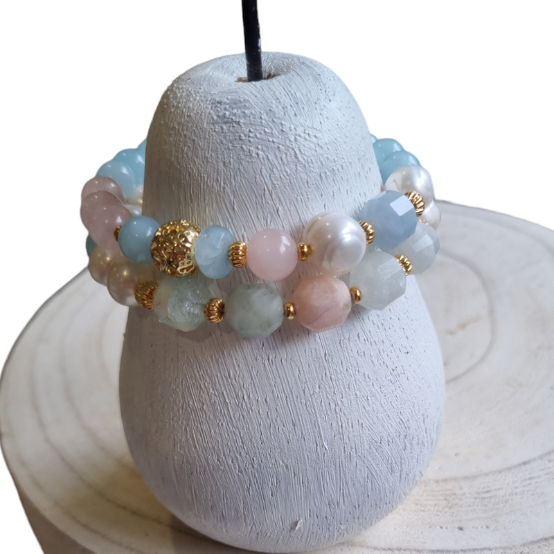 Bea Aquamarine, Rose Quartz, Morganite, Amazonite & Freshwater Pearl bracelets