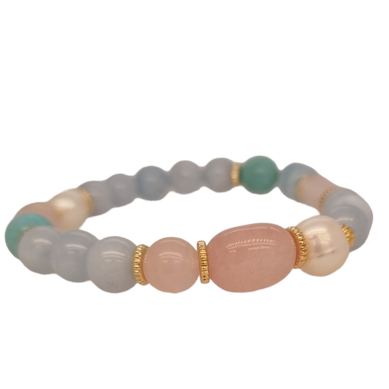 Bea Aquamarine, Rose Quartz, Morganite, Amazonite & Freshwater Pearl bracelets