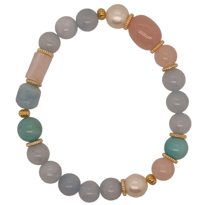 Bea Aquamarine, Rose Quartz, Morganite, Amazonite & Freshwater Pearl bracelets