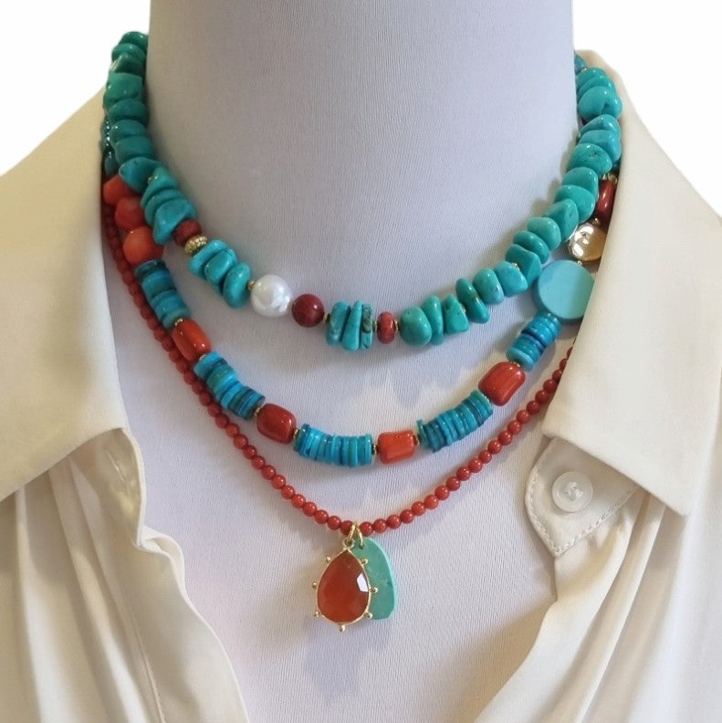 Estadio Turquoise, Coral and Carnelian Necklace