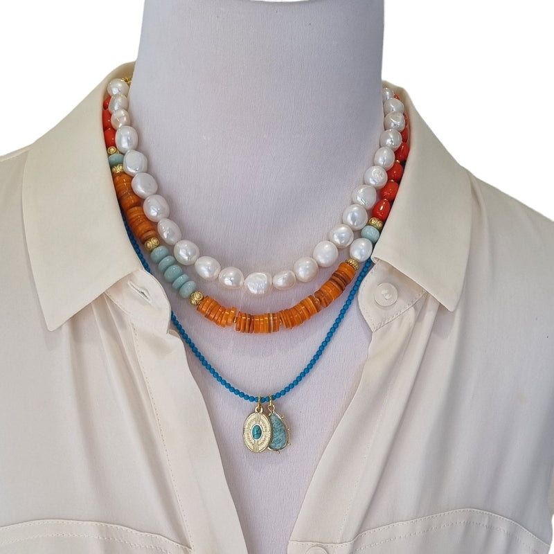 Estadio Pearl, Amazonite, Coral Turquoise Necklace