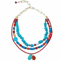 Estadio Turquoise, Coral and Carnelian Necklace