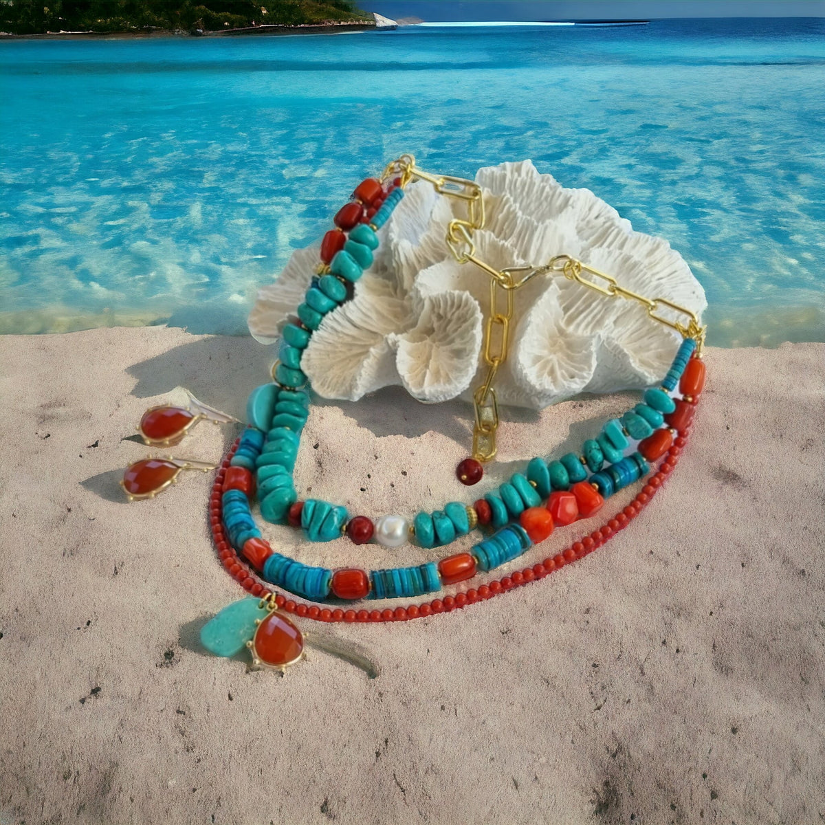 Estadio Turquoise, Coral and Carnelian Necklace