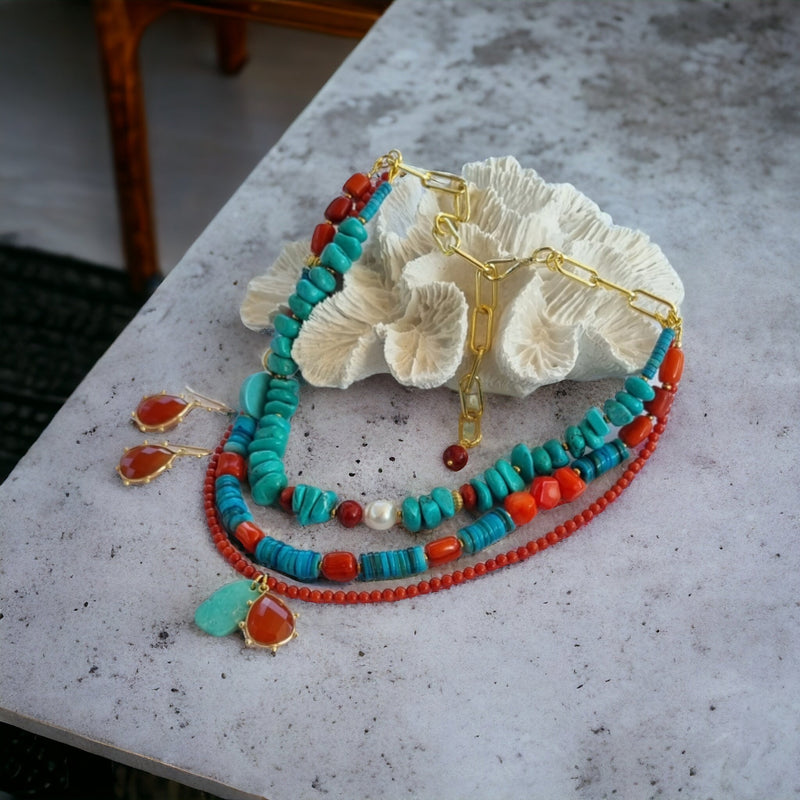 Estadio Turquoise, Coral and Carnelian Necklace