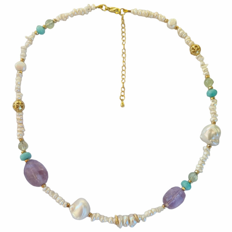 Cape Keshi Pearl, Amethyst, Amazonite and Prehnite Necklace