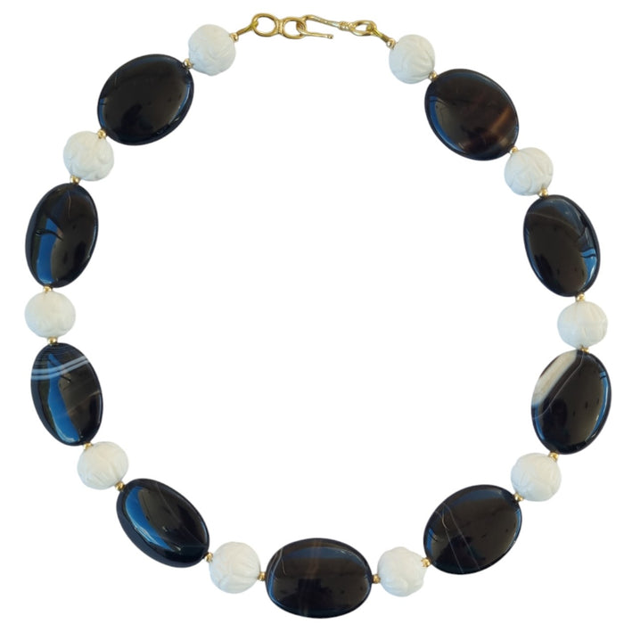 Noir Carved White Coral and Sardonyx banded Agate Necklace