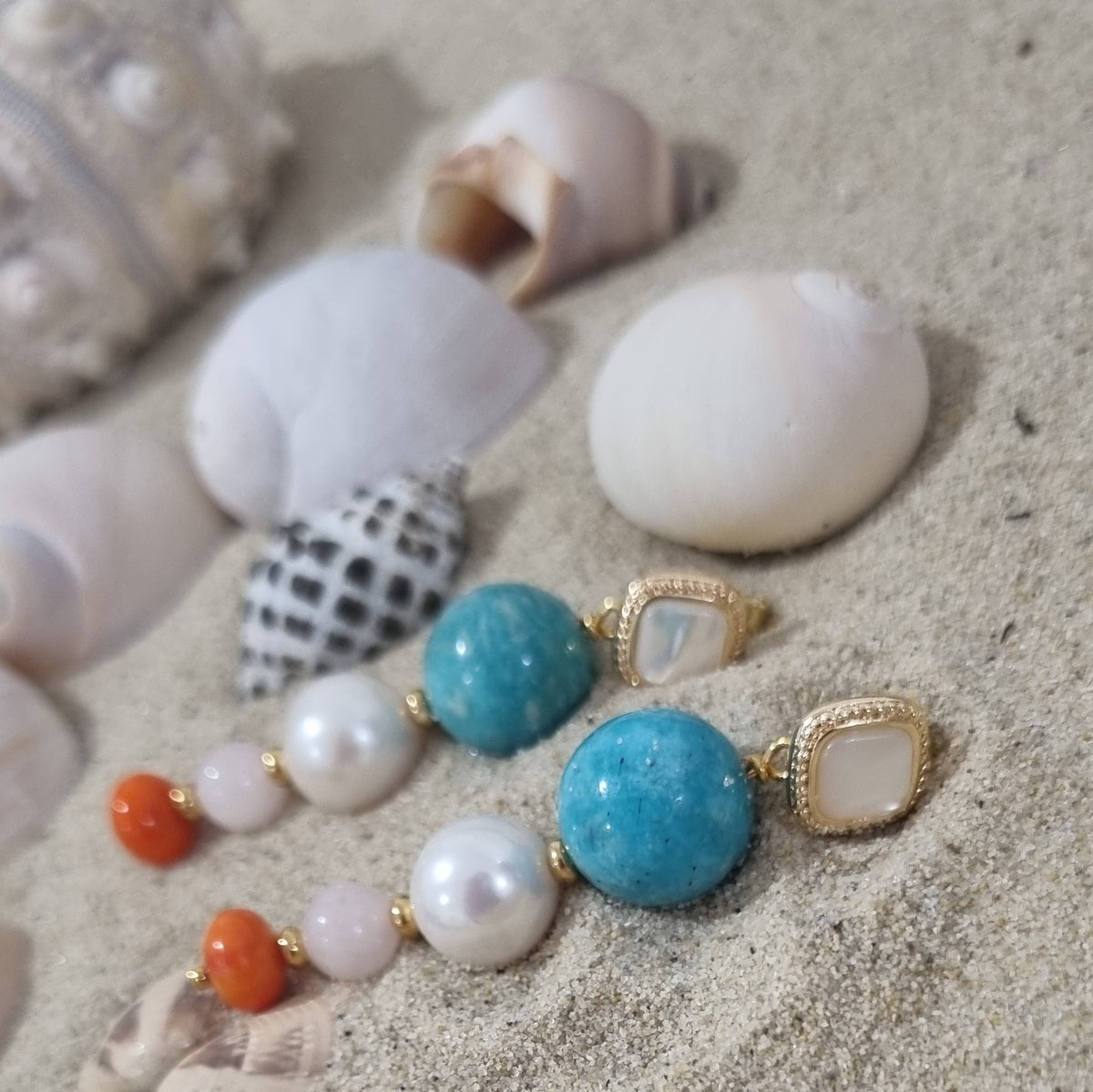 Prego Amazonite, Pearl, Rose, Quartz and Coral Earrings