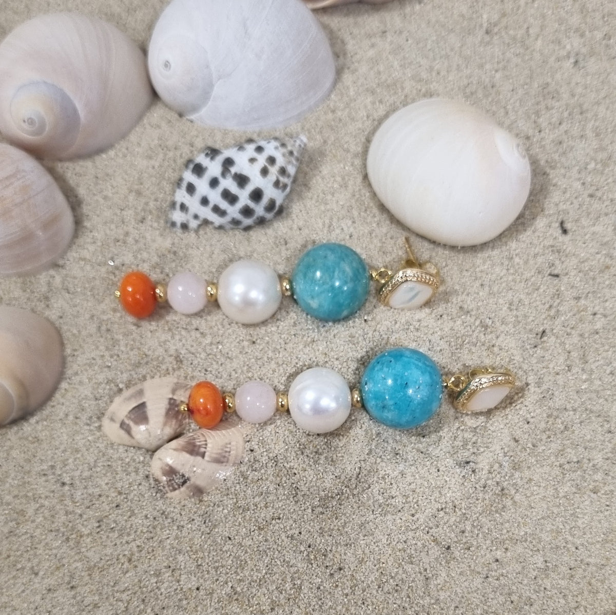 Prego Amazonite, Pearl, Rose, Quartz and Coral Earrings
