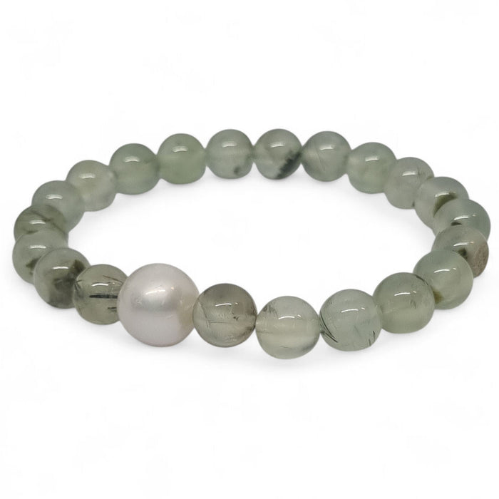 Prehnite and Freshwater Pearl Elastic Bracelet