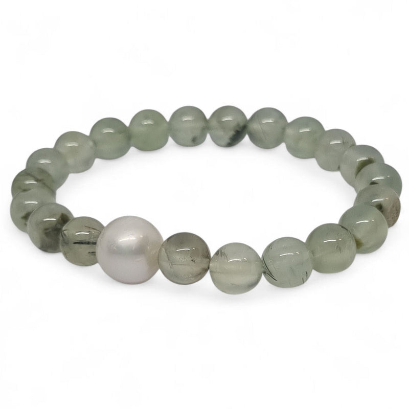Prehnite and Freshwater Pearl Elastic Bracelet