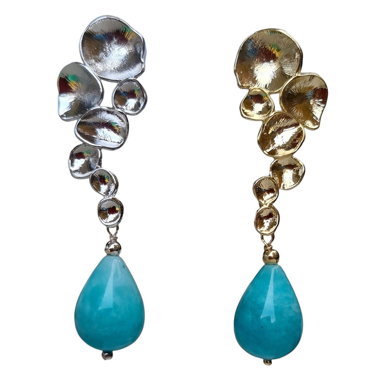 A pair of elegant drop earrings with Peruvian Amazonite stones, featuring silver and gold color options, displayed against a white background.