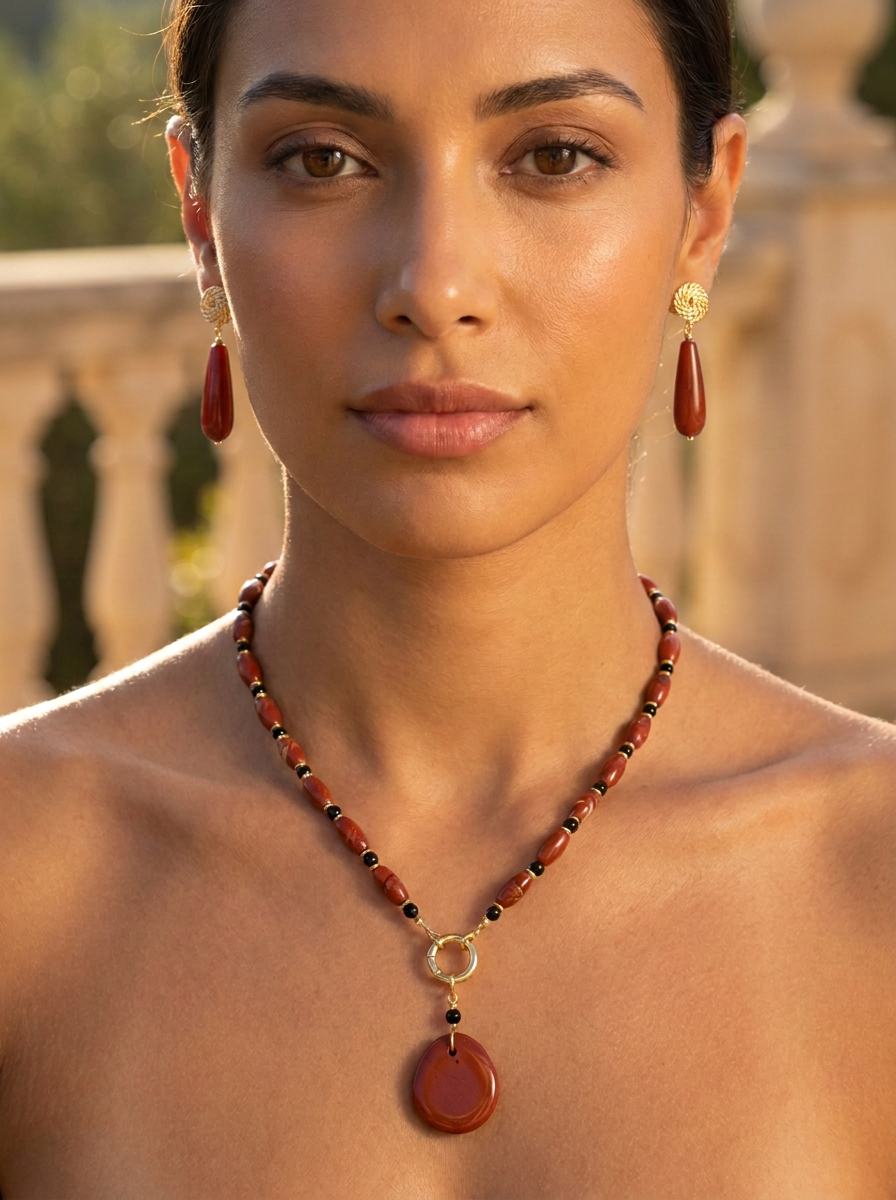 Ravello_Red_Jasper_Earrings, necklace and pendant
