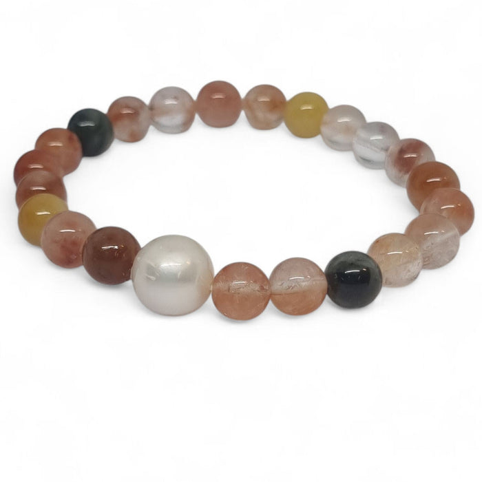 Red Rutile Quartz and Freshwater Pearl Elastic Bracelet