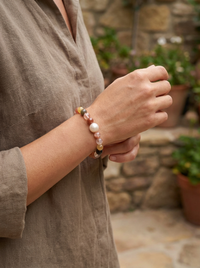 Red Rutile Quartz and Freshwater Pearl Elastic Bracelet