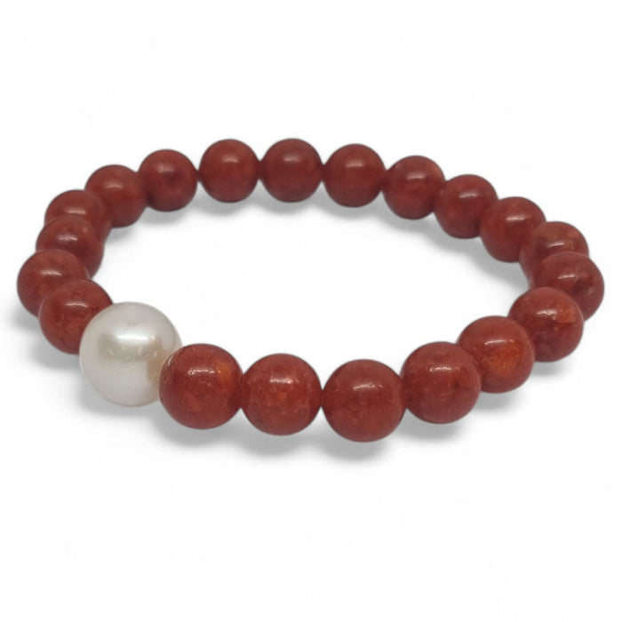 Red Sponge Coral and Freshwater Pearl Elastic Bracelet
