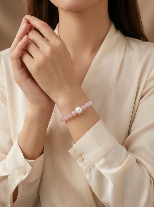 Rose Quartz and Freshwater Pearl Elastic Bracelet