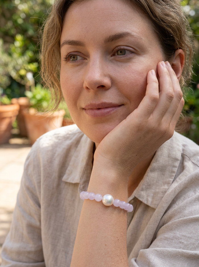 Rose Quartz and Freshwater Pearl Elastic Bracelet
