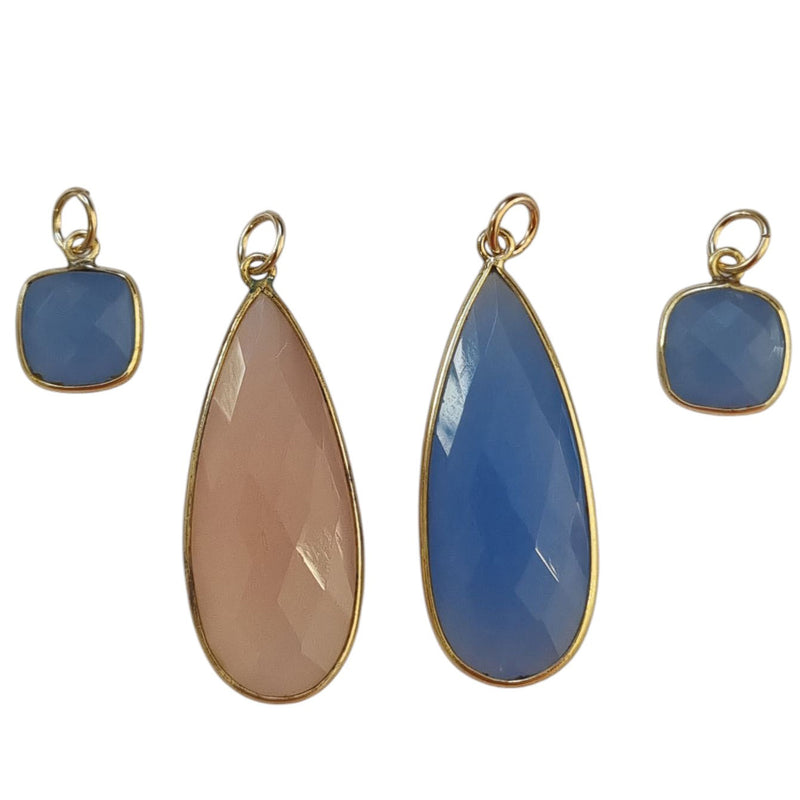 Sage Blue and Pink Chalcedony Pendant and Charms