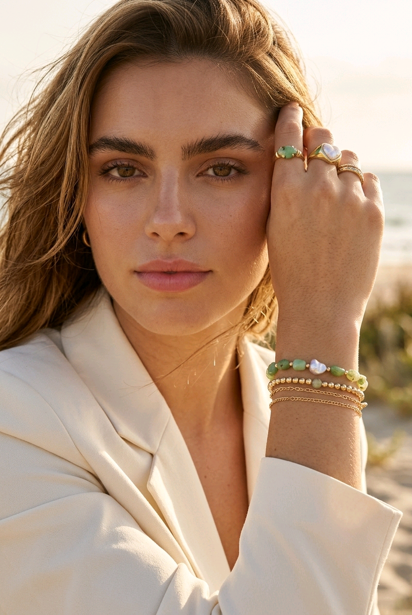 Seafoam Reverie Chrysophase and Keshi Pearl Bracelet on model