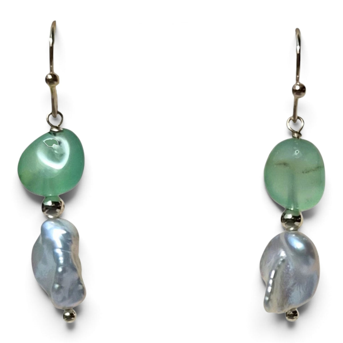 Seafoam Reverie Chrysophase and Keshi Pearl Earrings on model