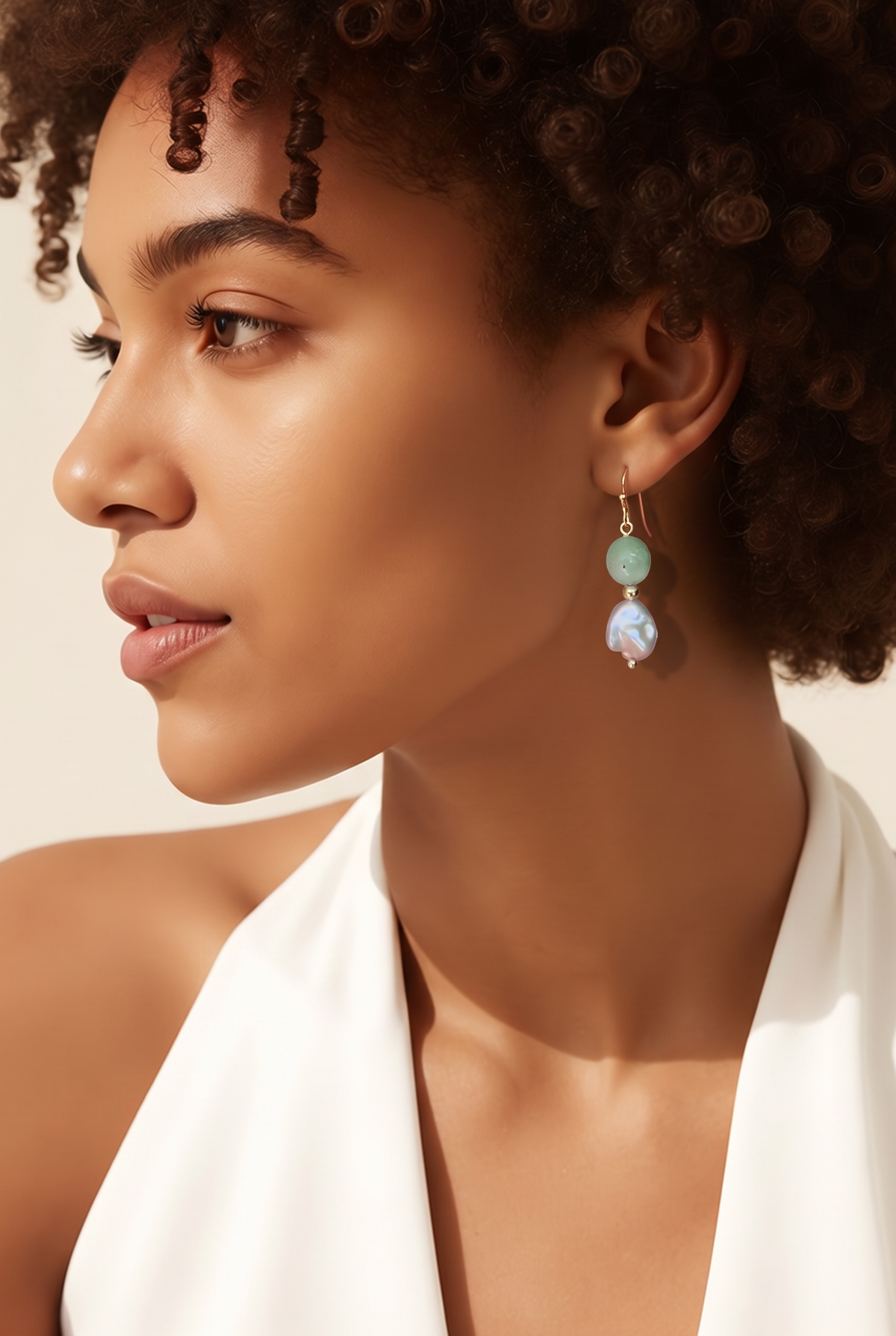 Seafoam Reverie Chrysophase and Keshi Pearl Earrings on model