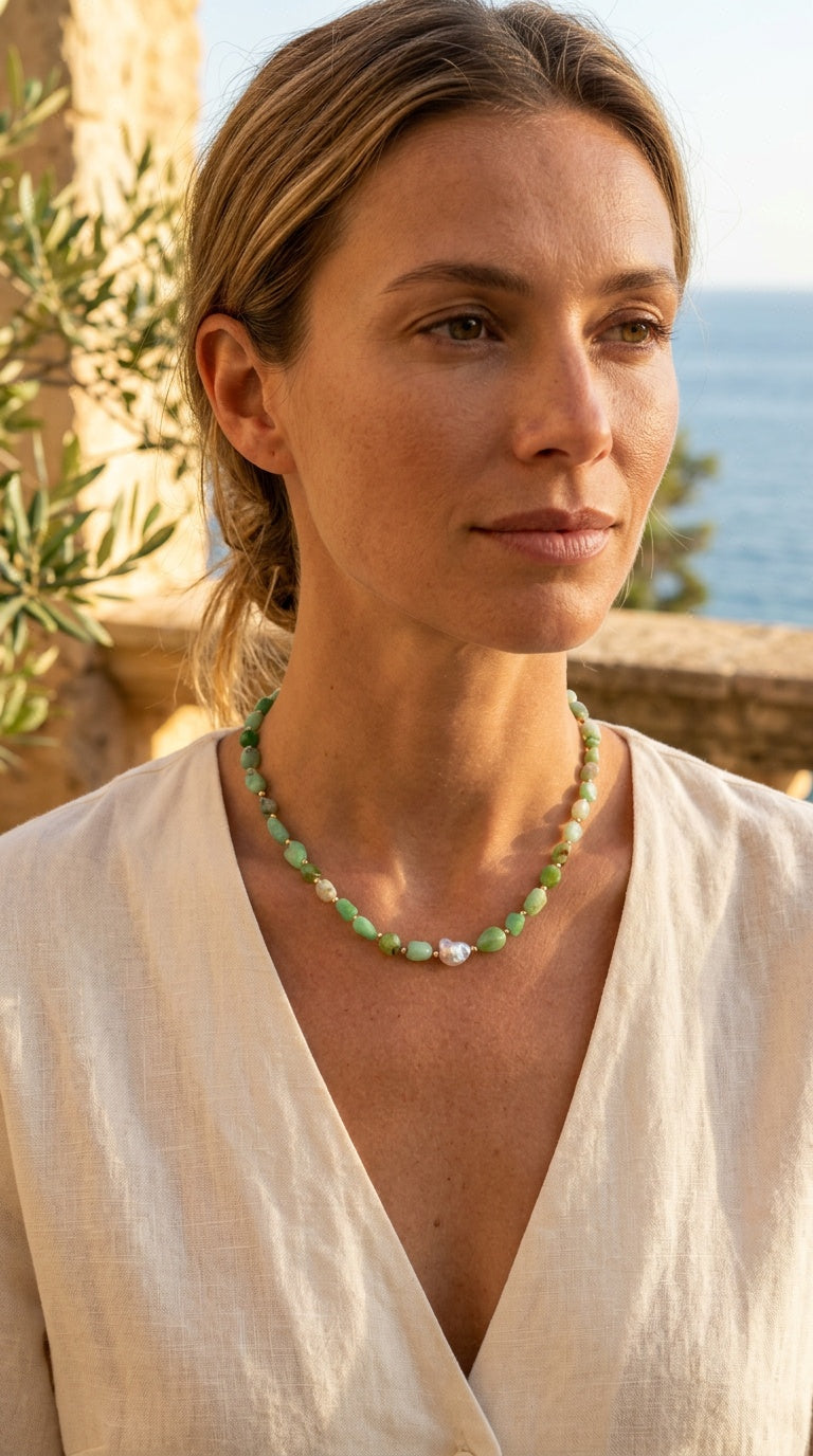 Seafoam Reverie Chrysophase and Keshi Pearl Necklace