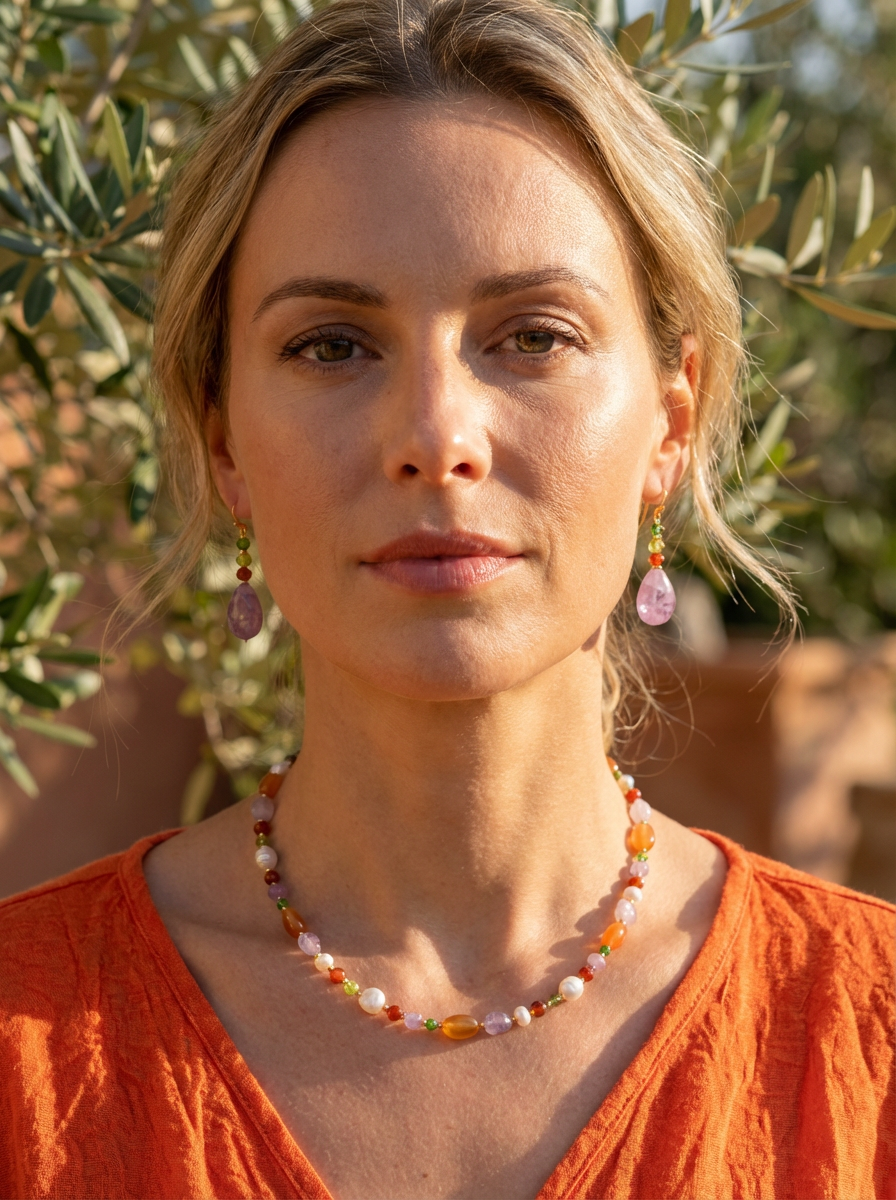 Serenity Carnelian, Amethyst, Peridot, Chrome Diopside and Pearl Necklace