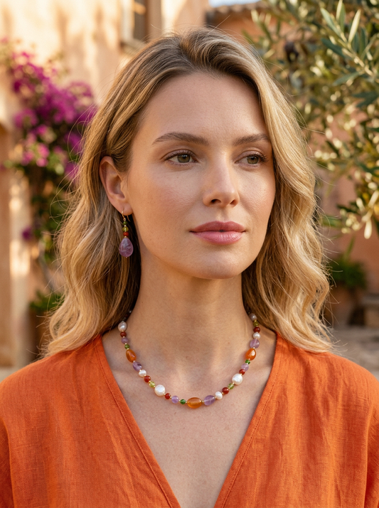 Serenity Carnelian, Amethyst, Peridot, Chrome Diopside and Pearl Necklace