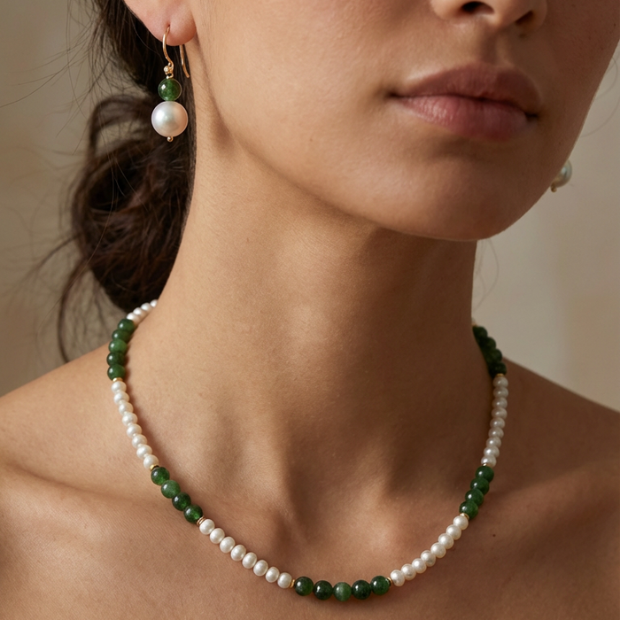 Sierra Freshwater Pearl and Chrome Diopside Earrings and necklace