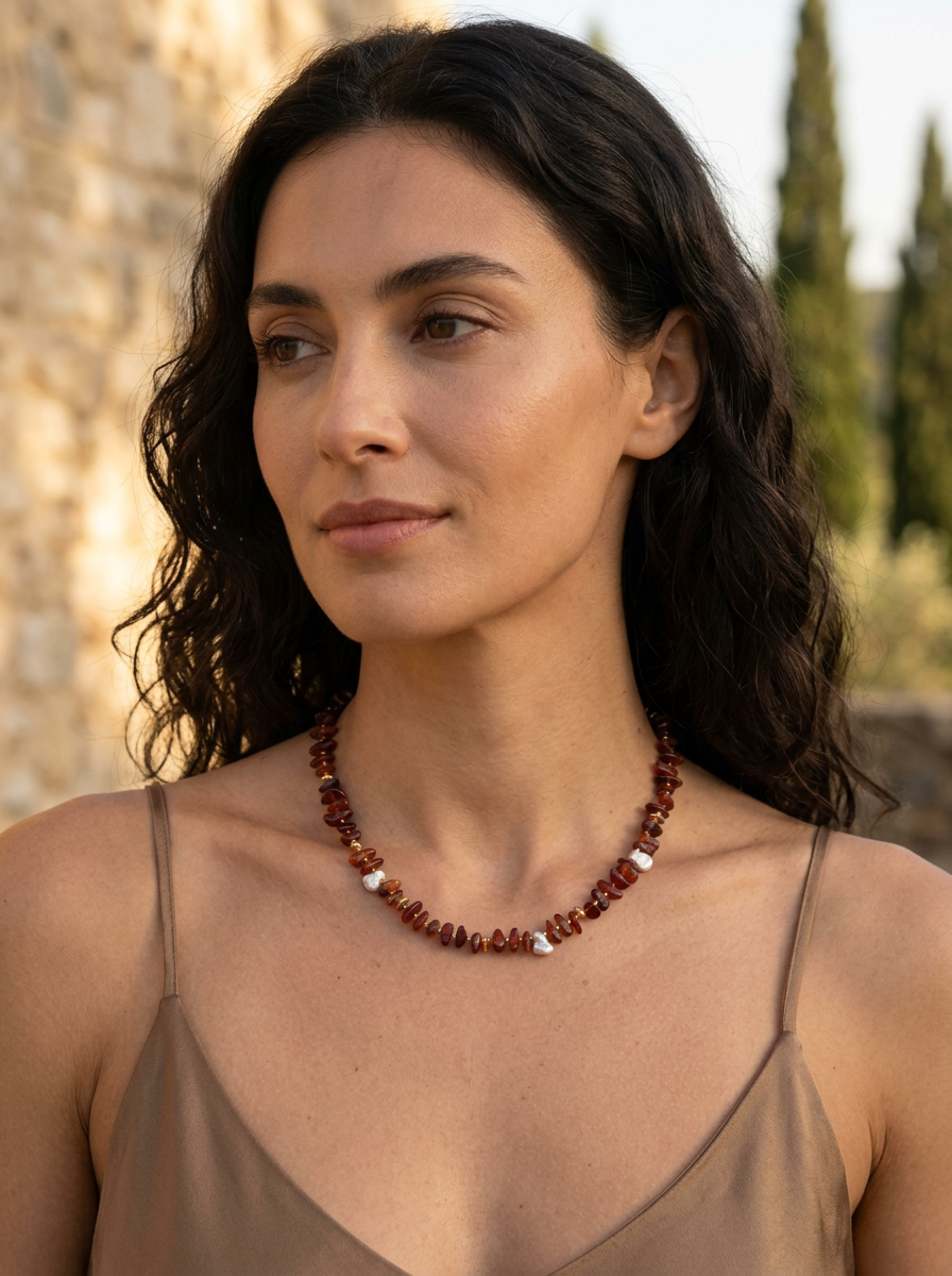 Sirocco Hessonite Garnet and Keshi Pearl Neckace