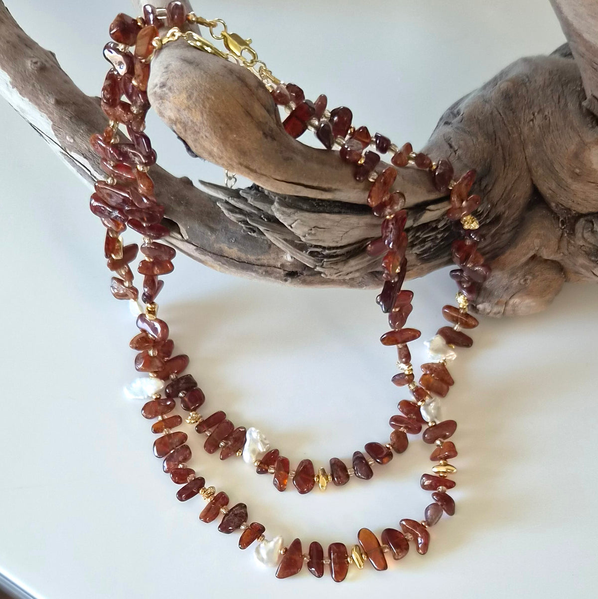 Sirocco Hessonite Garnet and Keshi Pearl Neckace
