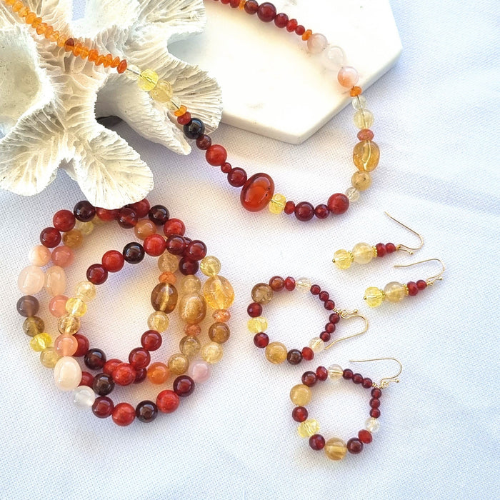 Sol Citrine Garnet Sun stone and Coral gemstone Necklace and bracelets