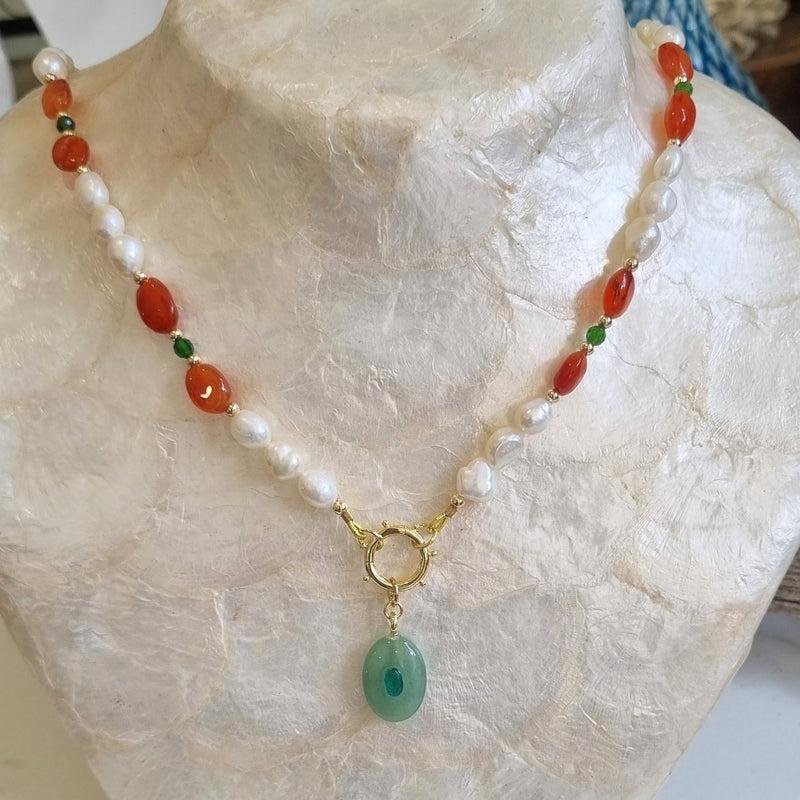 Sona Carnelian necklace with green Aventurine charm