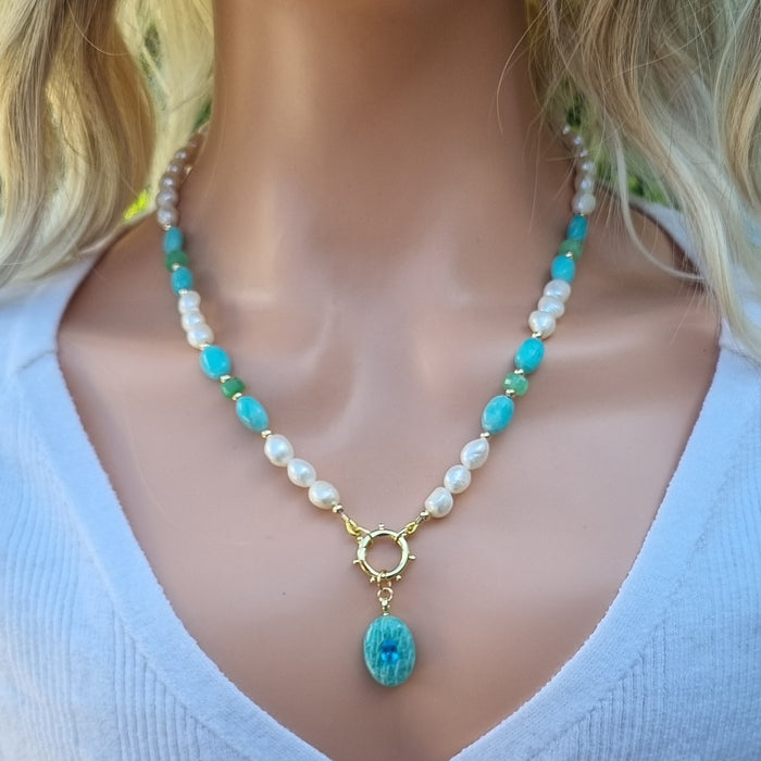 Sona Freshwater Pearl Amazonite and Chrysophase Necklace