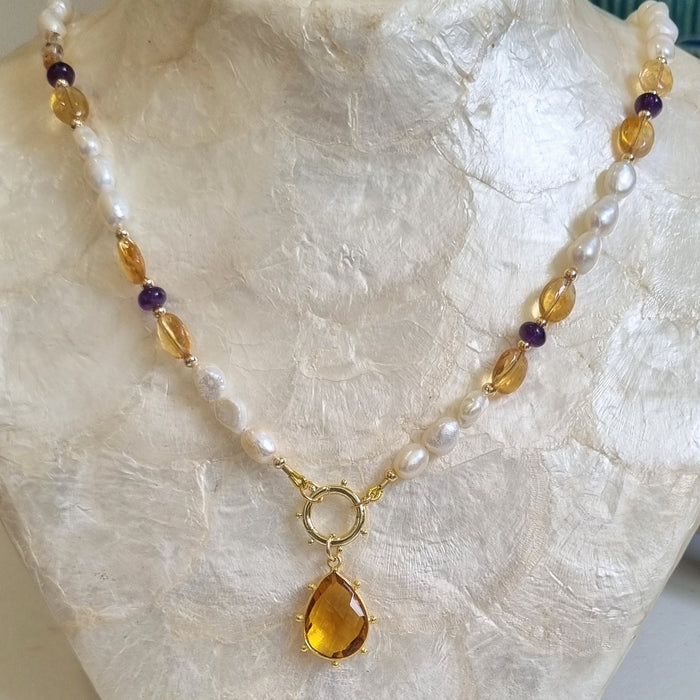Sona citrine Pearl and Garnet necklace with citrine pendant